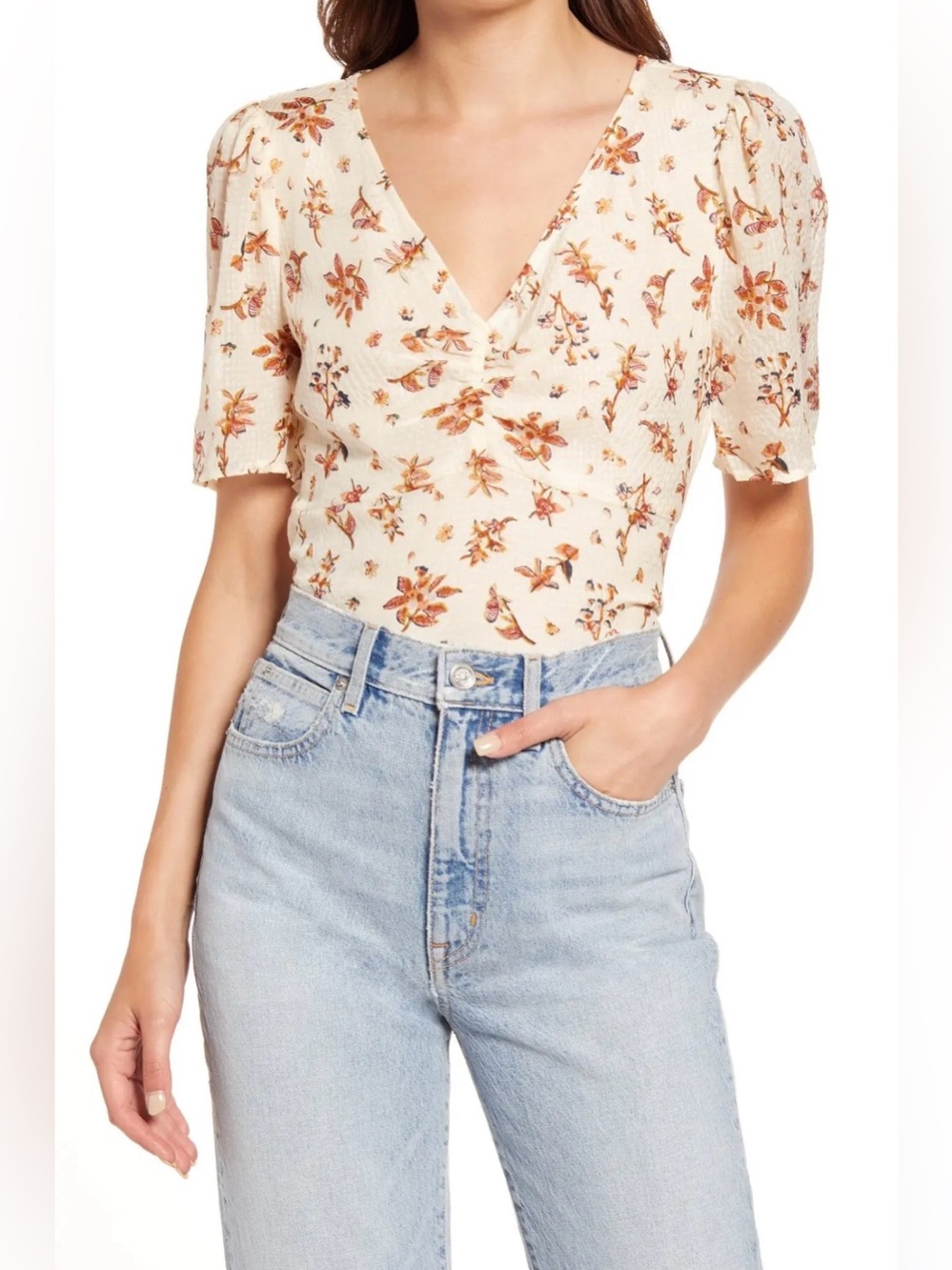 Madewell 100% Silk Floral Blouse Cream Boho 70s Romantic Western